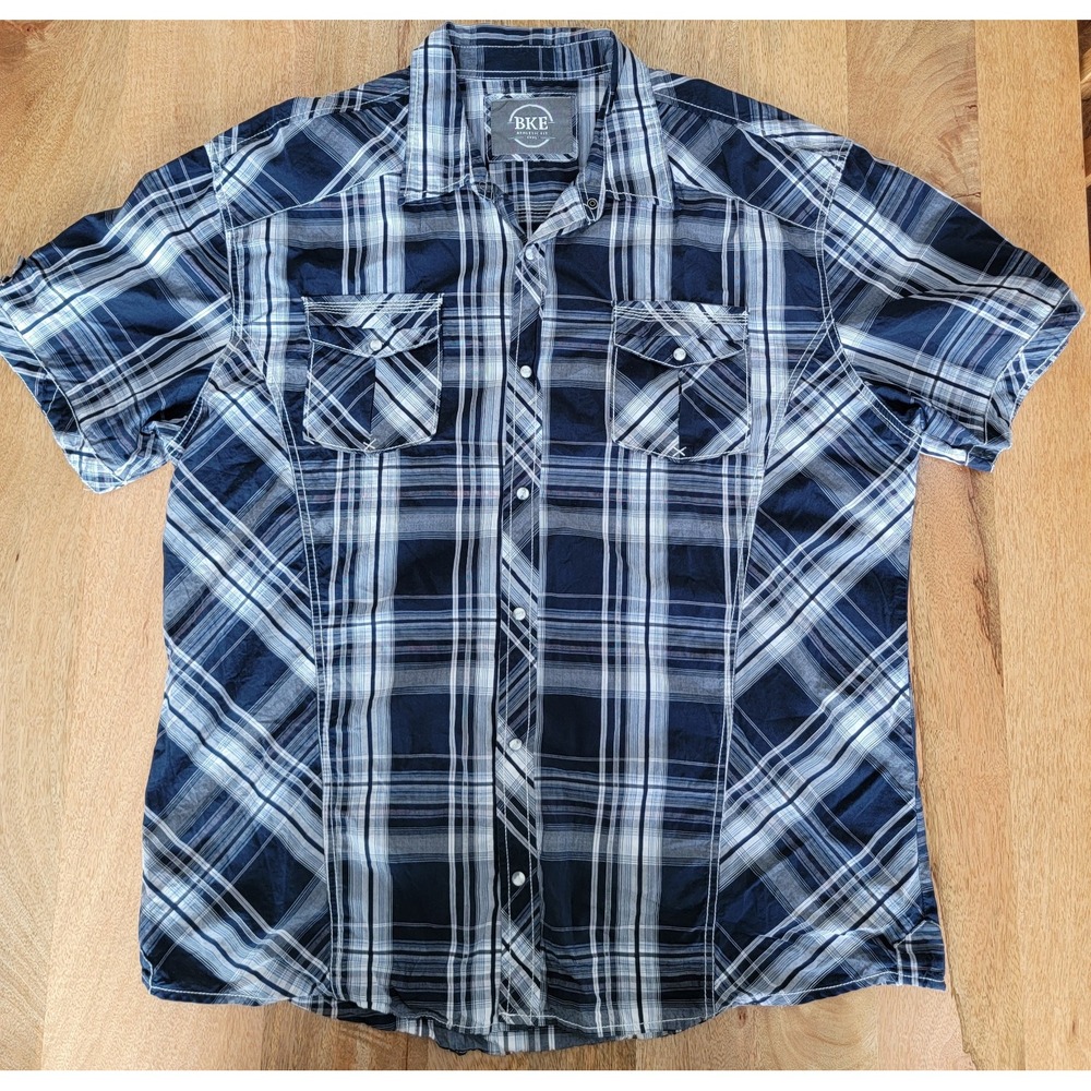 BKE Athletic Fit Navy Blue Plaid Pearl Snap Button Shirt Sz XXXL Western Style